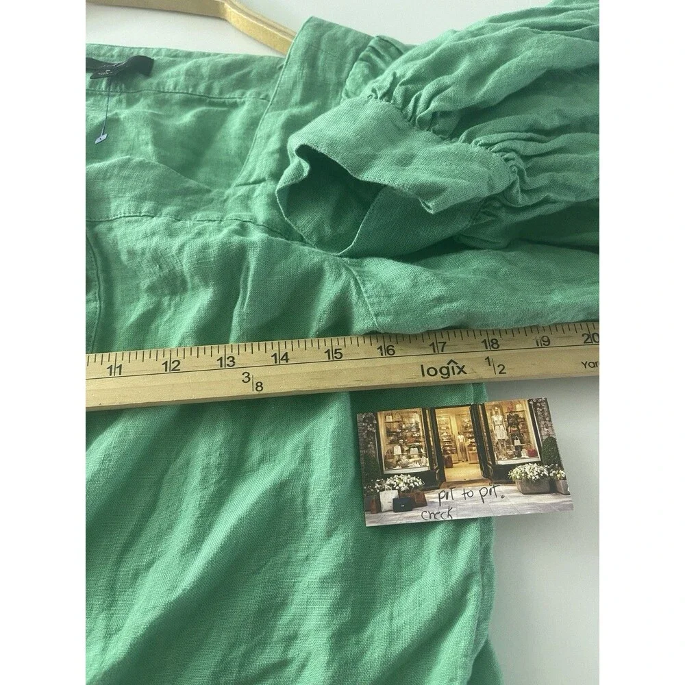 J.CREW Women's 100% Linen Blouse Top Green Mint Puff Sleeve Button Front S